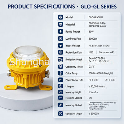 GLOMRO 30W Maintenance-Free Explosion-Proof Lamp Tempered Glass Cover for Warehouses Gas Stations Hanging Installation