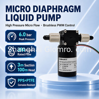 BAXIT PL8060-NF1.10 Bürstenloser Membranpumpen 12V/24V PWM-Drehzahlregelung PTFE Säure-/Laugenbeständig Hochdruck 6 Bar Pumpe
